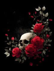 Skull decorated with a bouquet of red roses on a black background.
