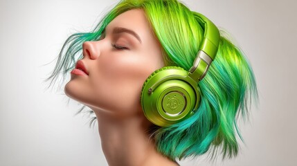 A beautiful woman with vibrant green hair and headphones closes her eyes while listening to music in a studio setting.