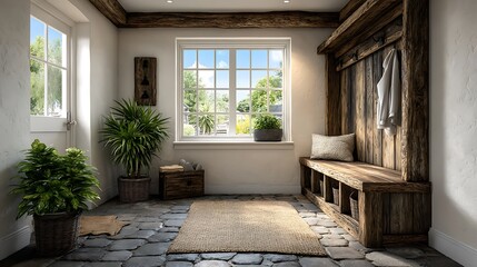A realistic high-definition photo of a mudroom with cubbies and tile floor.
