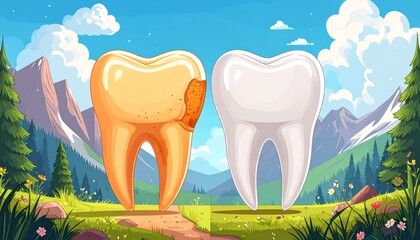 Healthy Tooth vs Decayed Tooth Concept with Nature Background, Dental Care Comparison
