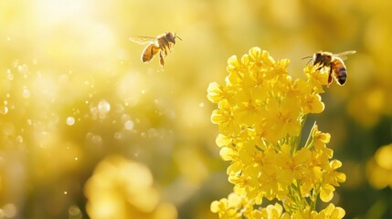 Two bees flying around a bright yellow flower in the warm sunlight, with bokeh effect