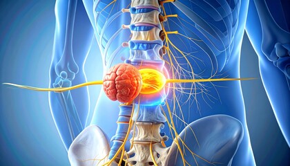 Spine and nerve compression with inflammation, medical anatomy illustration