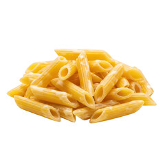 Pile of cooked penne pasta coated in creamy cheese sauce against background macaroni noodles