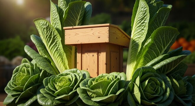 A Wooden Lectern Surrounded by Fresh Green Lettuce and Garden Vegetables in the Sunlight