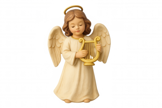 Angel figurine playing lyre, representing christmas holiday music, spiritual celebration, and celestial peace, transparent background
