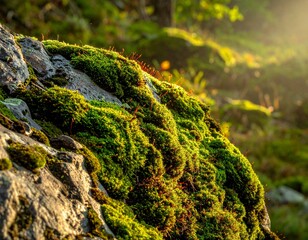 Moss-covered rock with fine cracks and damp effect, daylight, high-res