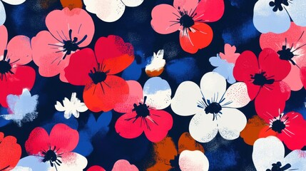 Seamless floral pattern with abstract flowers in vibrant pink, red, white, and blue on a dark background