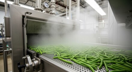 Medium shot of beans being steamed inside industrial equipment to maintain texture and natural flavor during the canning process.