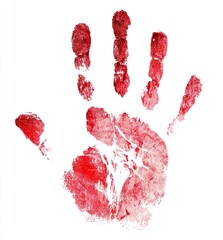 A crimson handprint on a white background