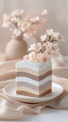 Elegant pastel layered cake with cherry blossoms