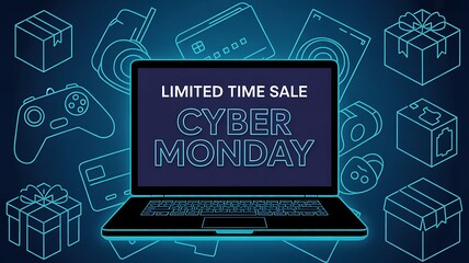 Cyber monday limited time sale with laptop and shopping items illustration