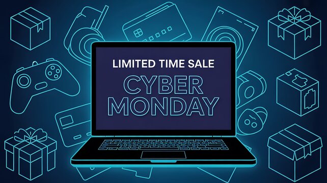 Cyber monday limited time sale with laptop and shopping items illustration