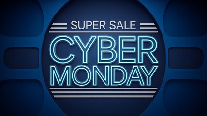 Obraz premium Super sale cyber monday neon sign with blue background and futuristic design
