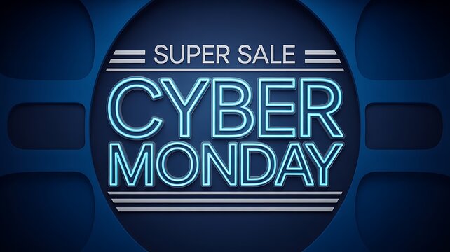 Super sale cyber monday neon sign with blue background and futuristic design