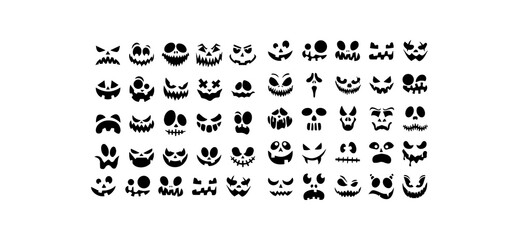 Diverse black Halloween face designs, ideal for pumpkin carving stencils and spooky decorations, showcase menacing and funny expressions on a clean white background
