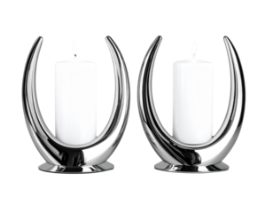  Elegant silver candlesticks with tall white candles isolated on transparent background PNG