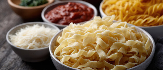 Assorted gluten free pasta options with vibrant sauces and cheese