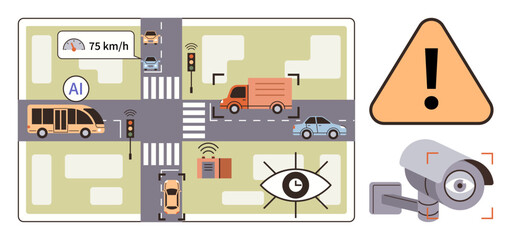 AI monitors speed of vehicles on urban road, with buses, cars, traffic lights, caution signs, surveillance cameras. Ideal for safety, AI tech, traffic control urban planning mobility innovation