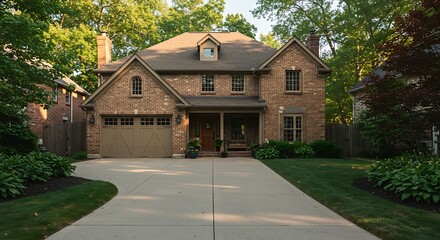 Brown brick house with cement driveway