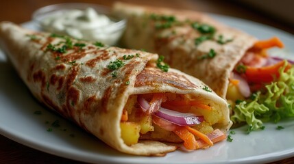 Vegetable Wraps Sit on Plate With Creamy Sauce