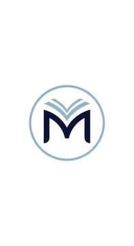 Abstract logo symbol featuring an open book and a stylized letter M