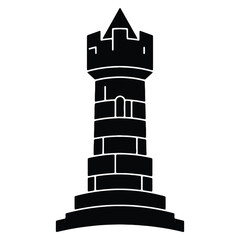Black Silhouette of Medieval Castle Tower Stronghold Isolated on White Background