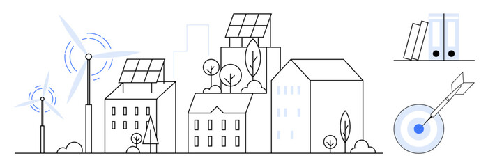 Urban buildings with solar panels, wind turbines, trees highlighting renewable energy and sustainability. Files and target symbolize business focus, productivity, and goals. Ideal for green energy
