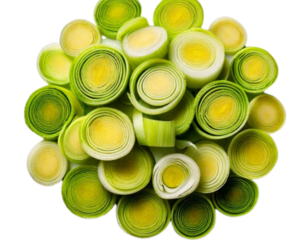 Fresh Sliced Leek Rings in Pile, isolated on a white background