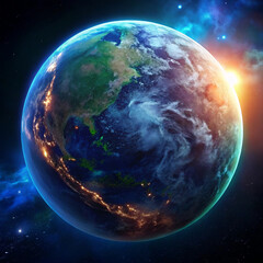 A vibrant cosmic planet with glowing green continents and a colorful atmosphere set in deep space