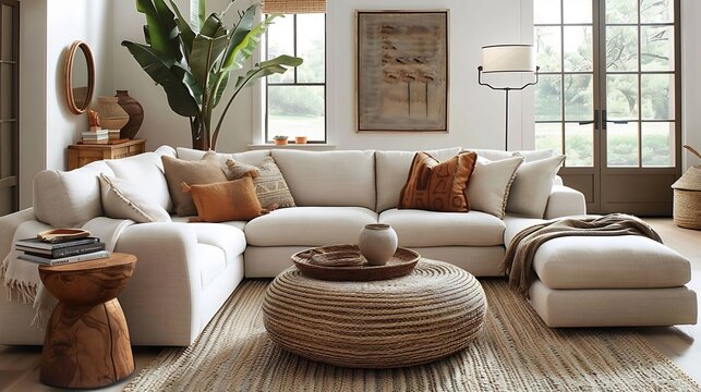 A bright living room featuring a large white sectional sofa and a round woven coffee table on a rug on transparent background silhouette