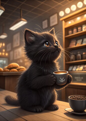 Illustration of a black kitten holding a coffee cup in a cozy cafe setting