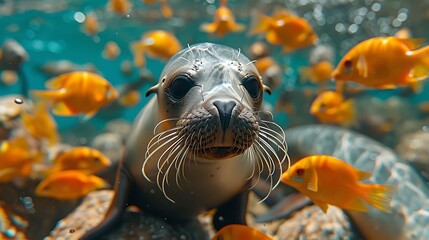 A seal surrounded by many orange fish swimming in blue water at an aquarium exhibit close up view on transparent background silhouette