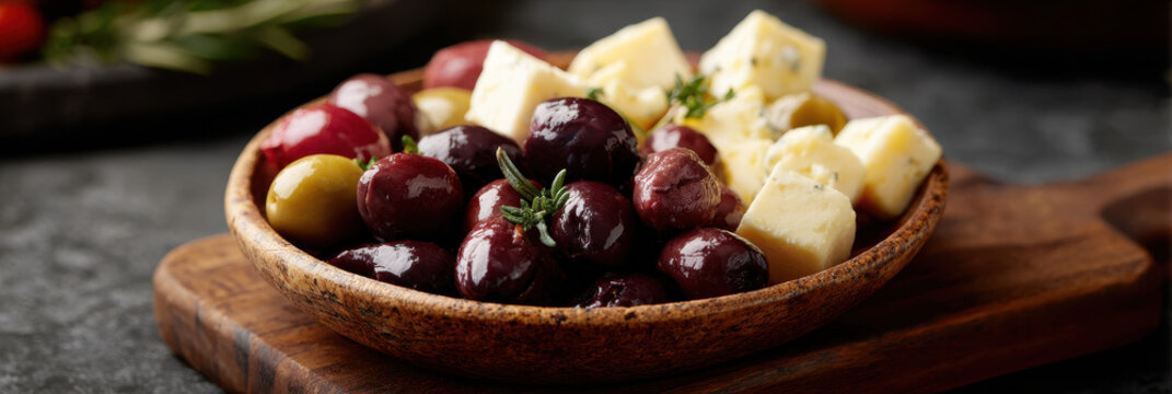 Wooden bowl filled with assorted olives and cheese cubes on wooden board