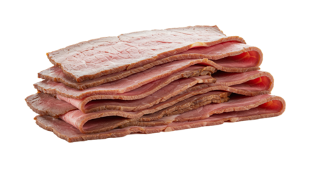 Stack of thinly sliced roast beef deli meat on a white background 1.