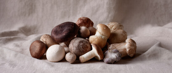 Assorted mushrooms on textured fabric background