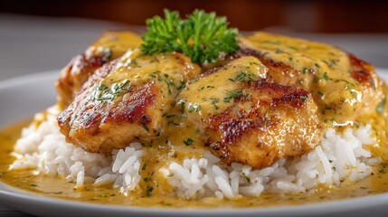 Naklejka premium Chicken With Dijon Mustard Sauce Over Rice