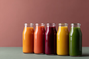 Row of colorful cold pressed juices in glass bottles