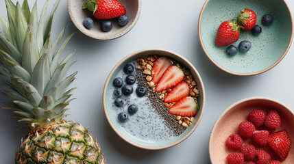 Smoothie bowl and acai bowl topped with fresh berries for breakfast