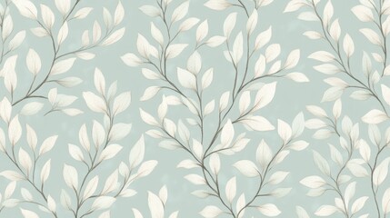 Seamless pattern of delicate white leaves on a light blue textured background, botanical illustration, elegant floral design