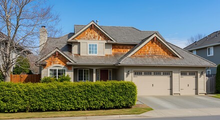 Residential house with massive roofs green hedge in front on blue sky background. family house with big roofs tiled by wooden shingles. house with detached garage for three parking lots.