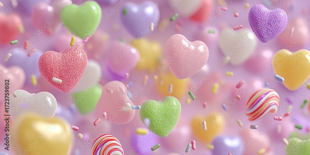 Poster a colorful display of candy hearts with sprinkles. the candy hearts are in various colors and sizes,
