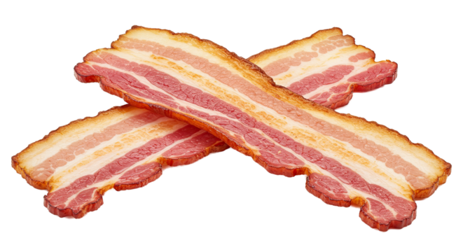 Two strips of crispy cooked bacon crossed over each other on a white background.
