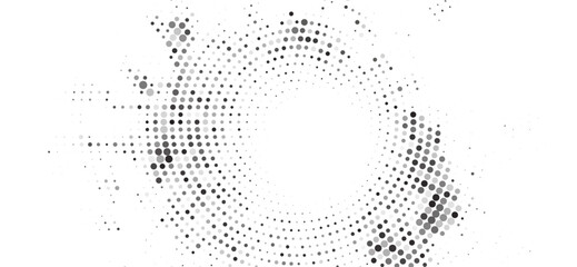 Monochromatic halftone pattern on white presents a dynamic array of grayscale circles, arranged in a radial formation creating an eye-catching visual effect, abstract design