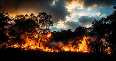 Naklejka premium A devastating wildfire blazes across the ground and tree trunks of a forest under a dramatically dark sky with smoke and clouds.