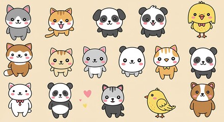 Cute Animals Collection Illustration Cats Pandas and Birds
