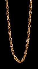 Gold rope chain necklace against black background