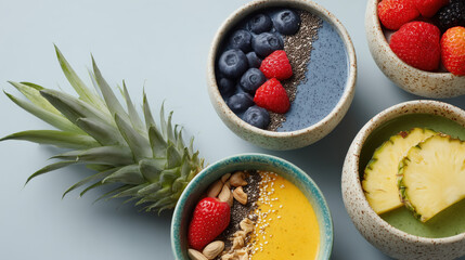 Colorful smoothie bowls including turmeric and acai berry toppings"