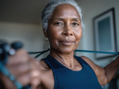 A fit senior woman with gray hair using a resistance band for shoulder exercise during a home workout, conveying health and active lifestyle