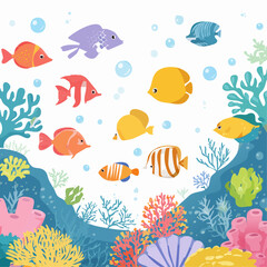 Naklejka premium Collection of Colorful Cartoon Fish Swimming in Vibrant Coral Reef.