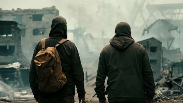 Two dirty survivors after nuclear war in dirty clothes stands in the middle of a bombed-out street. Survivors covered in dirt stand in a devastated street after nuclear fallout.